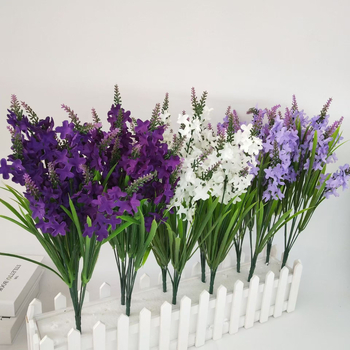 Buchet din flori artificiale lavandă și hiacint pentru decor de nuntă, plante verzi decorative, înălțime aproximativ 45 cm, 7 flori și 6 elemente verzi