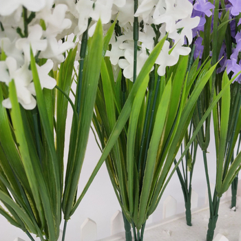 Buchet din flori artificiale lavandă și hiacint pentru decor de nuntă, plante verzi decorative, înălțime aproximativ 45 cm, 7 flori și 6 elemente verzi