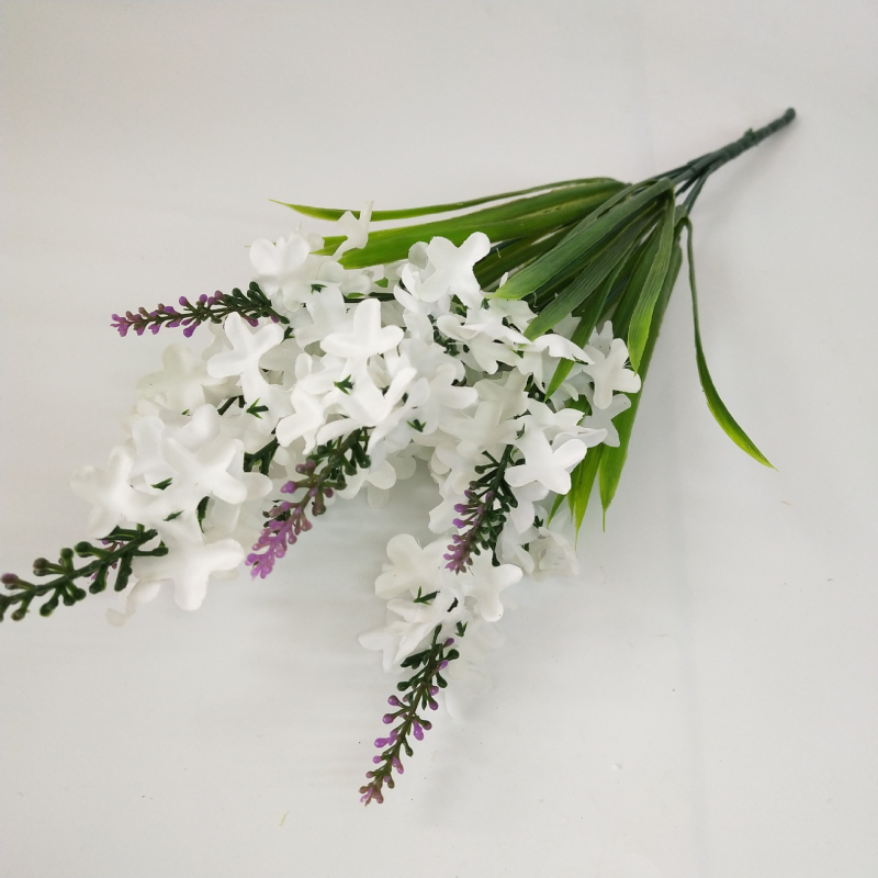 Buchet din flori artificiale lavandă și hiacint pentru decor de nuntă, plante verzi decorative, înălțime aproximativ 45 cm, 7 flori și 6 elemente verzi