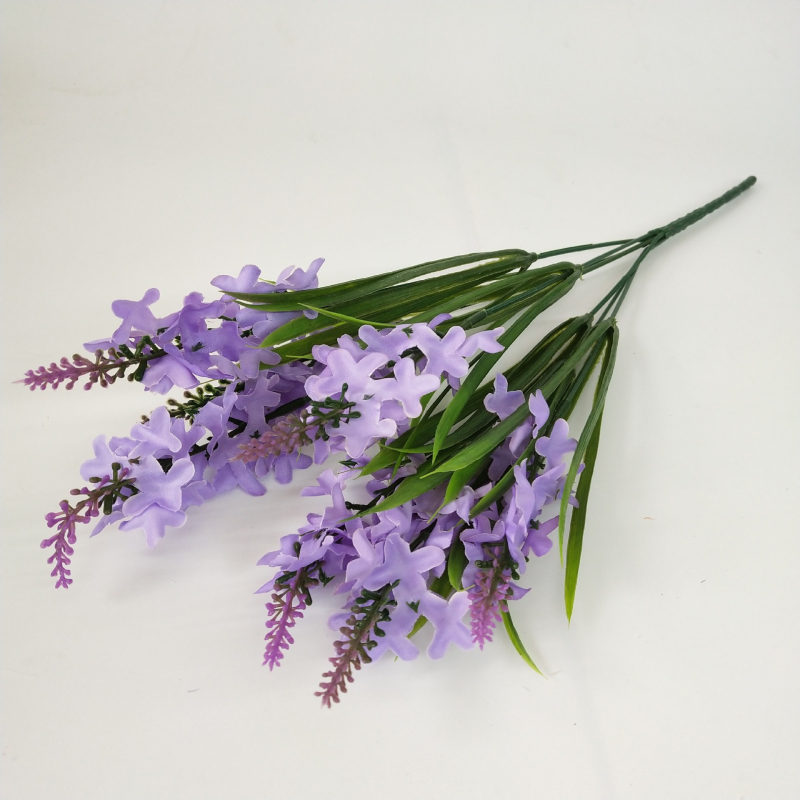 Buchet din flori artificiale lavandă și hiacint pentru decor de nuntă, plante verzi decorative, înălțime aproximativ 45 cm, 7 flori și 6 elemente verzi