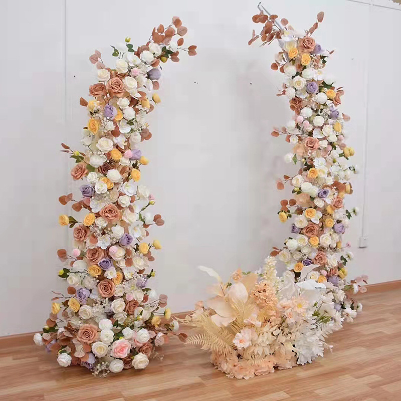 Arc floral din fier, personalizabil, cu motive de coarne pentru nuntă – ramă curbată pentru exterior, finisaj auriu
