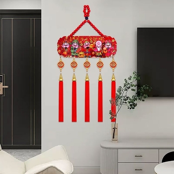 Pandantiv cu Cinci Zei ai Bogăției, în stil chinezesc, relief din lemn de piersic și ciucuri, decor cu nod chinezesc pentru living și hol