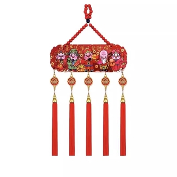 Pandantiv cu Cinci Zei ai Bogăției, în stil chinezesc, relief din lemn de piersic și ciucuri, decor cu nod chinezesc pentru living și hol
