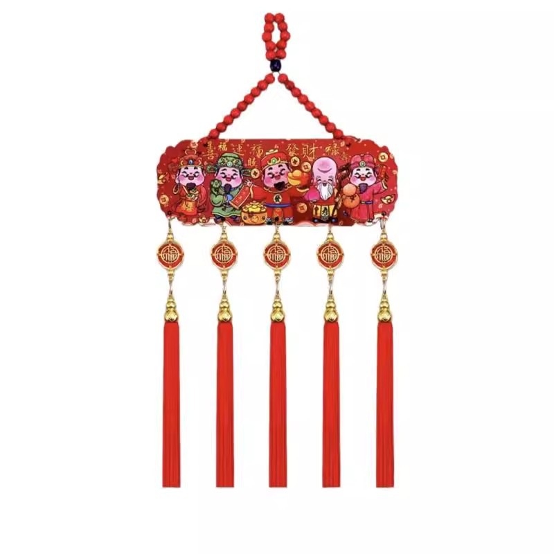 Pandantiv cu Cinci Zei ai Bogăției, în stil chinezesc, relief din lemn de piersic și ciucuri, decor cu nod chinezesc pentru living și hol