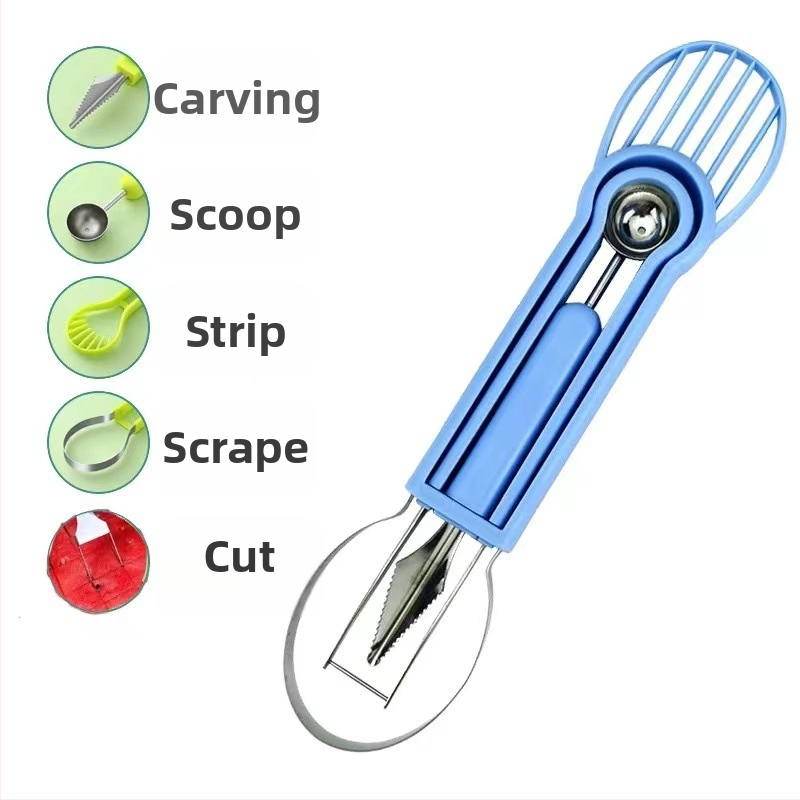Trei în unu: cuțit decorativ cu cap dublu pentru fructe, lingură pentru pepene și set de scoatere a fructelor