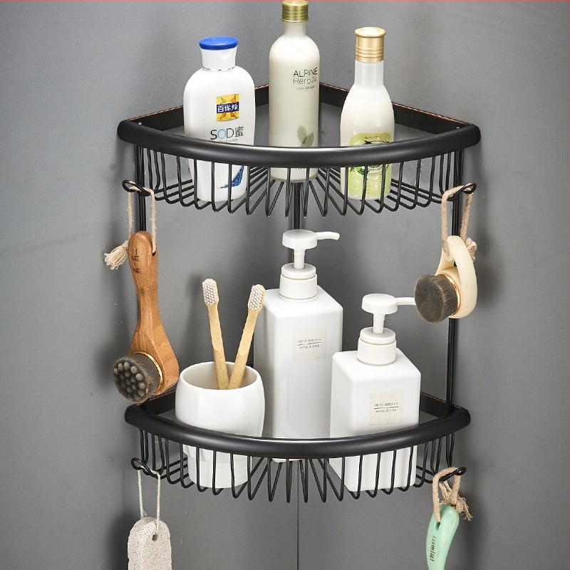 Coș de colț din cupru, două etaje, pentru baie, albastru, în formă triunghiulară