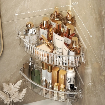 Raft transparent pentru baie, triunghiular, depozitare pentru cosmetică, montat în colț pe perete