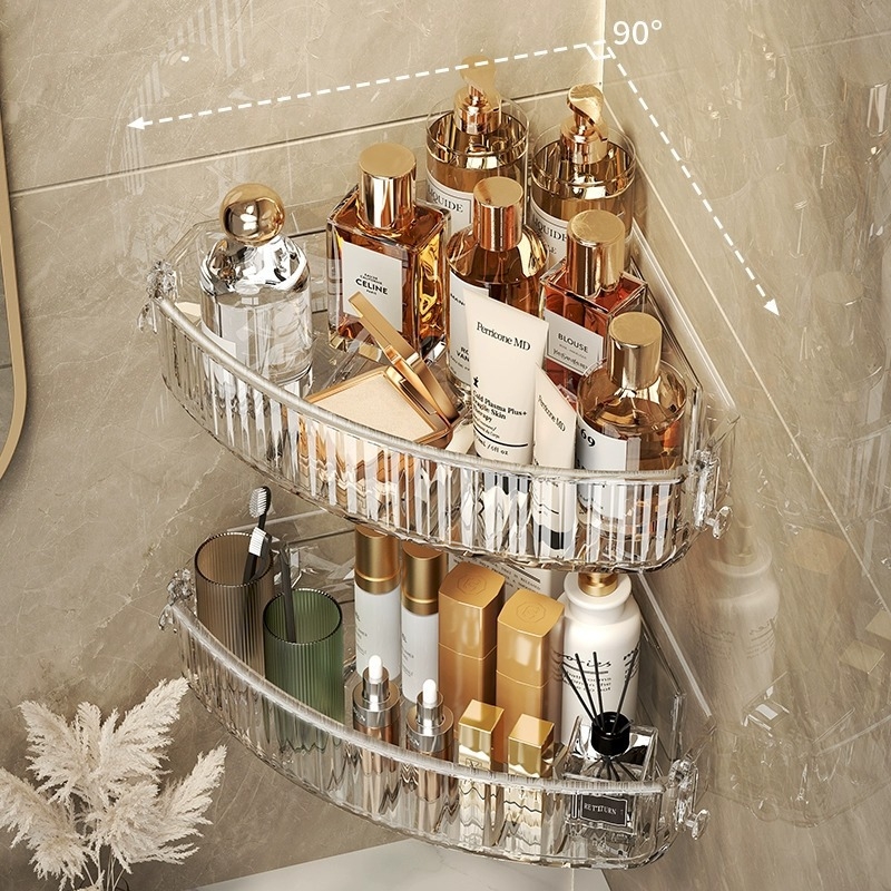 Raft transparent pentru baie, triunghiular, depozitare pentru cosmetică, montat în colț pe perete
