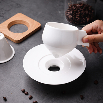 Cană ceramică pentru cafea pour-over, fără filtru de hârtie, dispozitiv de picurare portabil, filtru de ceai, ceașcă în formă de UFO cu suport din lemn
