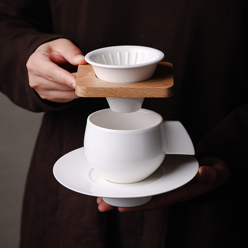 Cană ceramică pentru cafea pour-over, fără filtru de hârtie, dispozitiv de picurare portabil, filtru de ceai, ceașcă în formă de UFO cu suport din lemn