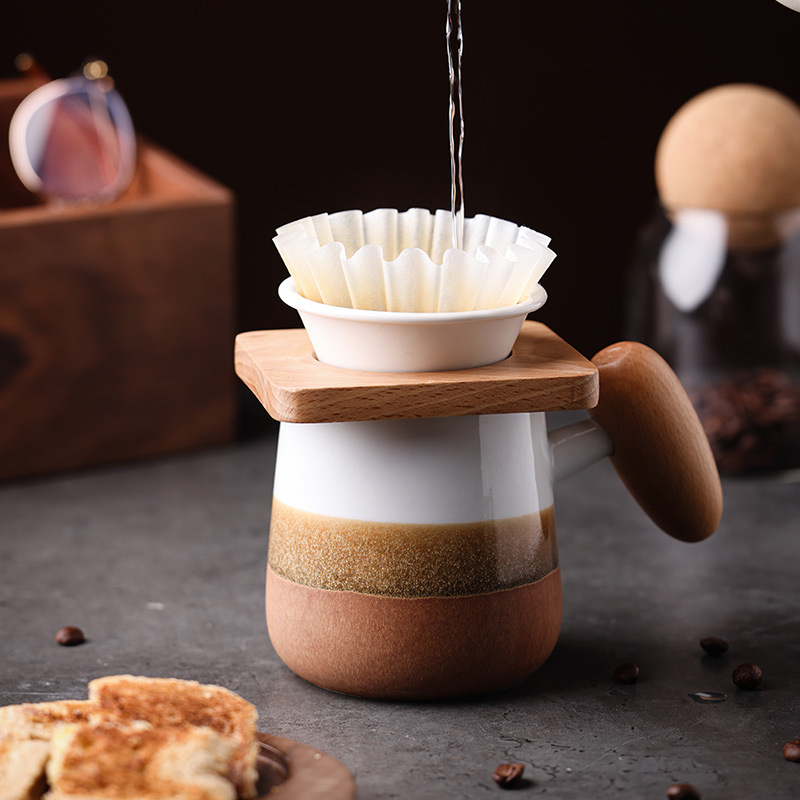 Cană ceramică pentru cafea pour-over, fără filtru de hârtie, dispozitiv de picurare portabil, filtru de ceai, ceașcă în formă de UFO cu suport din lemn
