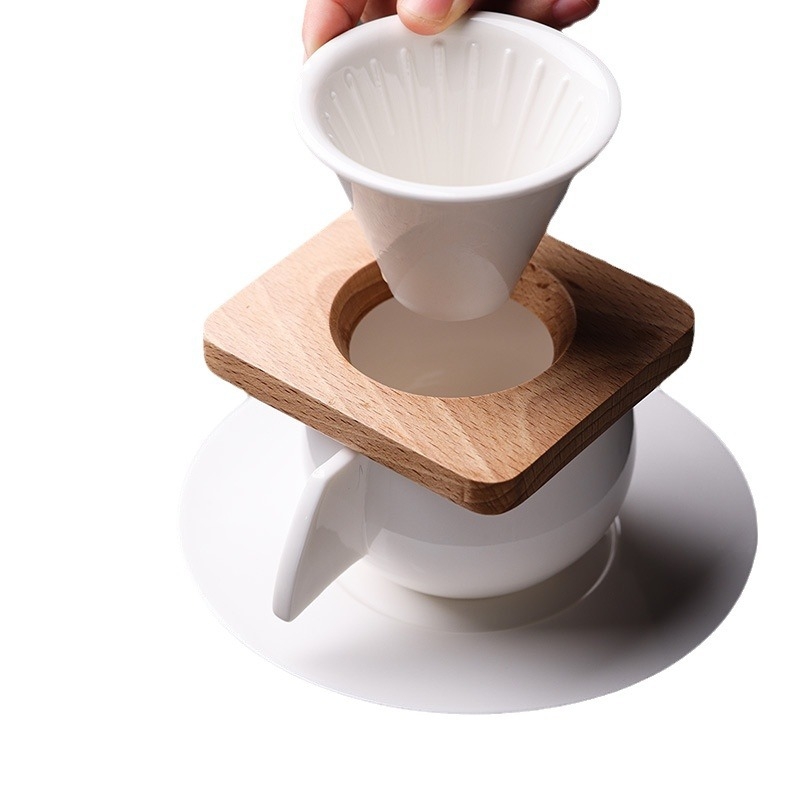 Cană ceramică pentru cafea pour-over, fără filtru de hârtie, dispozitiv de picurare portabil, filtru de ceai, ceașcă în formă de UFO cu suport din lemn