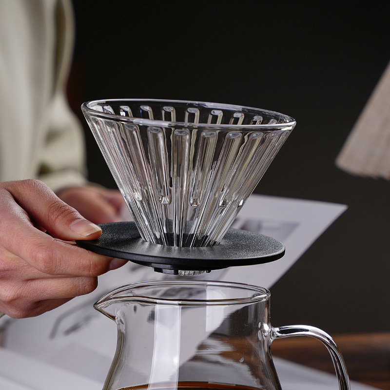Cana de filtru cafea din sticlă borosilikată, filtru V60 cu caneluri drepte