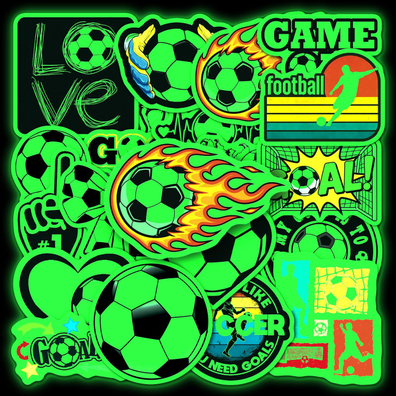 20 autocolante de fotbal fluorescente, care luminează în întuneric, serie sport pentru decor de birou, autocolante impermeabile pentru perete și cască