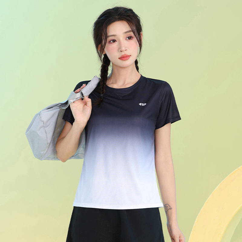 Ženski sportski T-shirt s gradijentom boja, brzo se suši, lagan i prozračan, ljetni kratkih rukava, opuštenog kroja, za trening i badminton