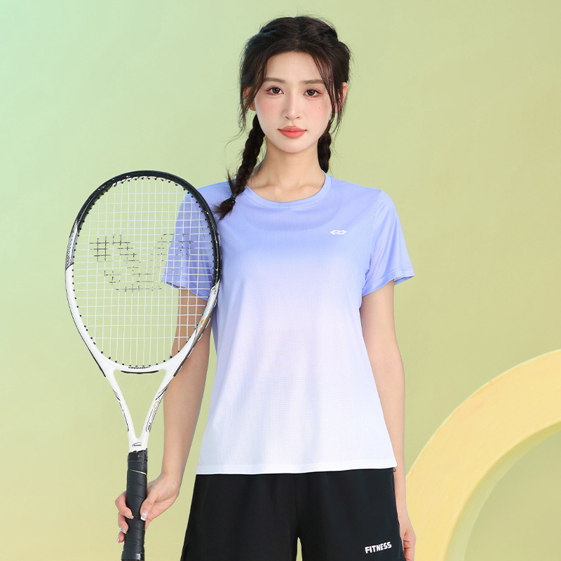Ženski sportski T-shirt s gradijentom boja, brzo se suši, lagan i prozračan, ljetni kratkih rukava, opuštenog kroja, za trening i badminton