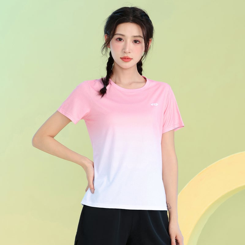 Ženski sportski T-shirt s gradijentom boja, brzo se suši, lagan i prozračan, ljetni kratkih rukava, opuštenog kroja, za trening i badminton