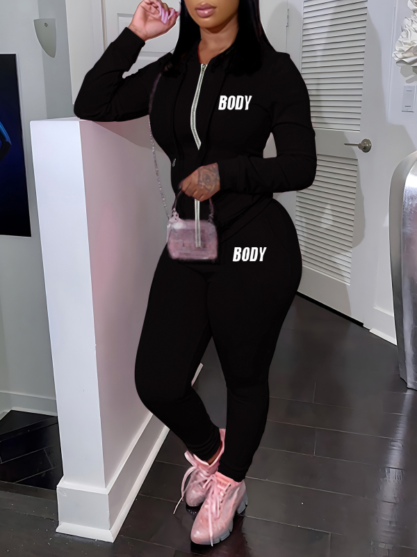 Ženski jesenski set s kapuljačom, dvije komponente, s natpisima – casual sportski stil