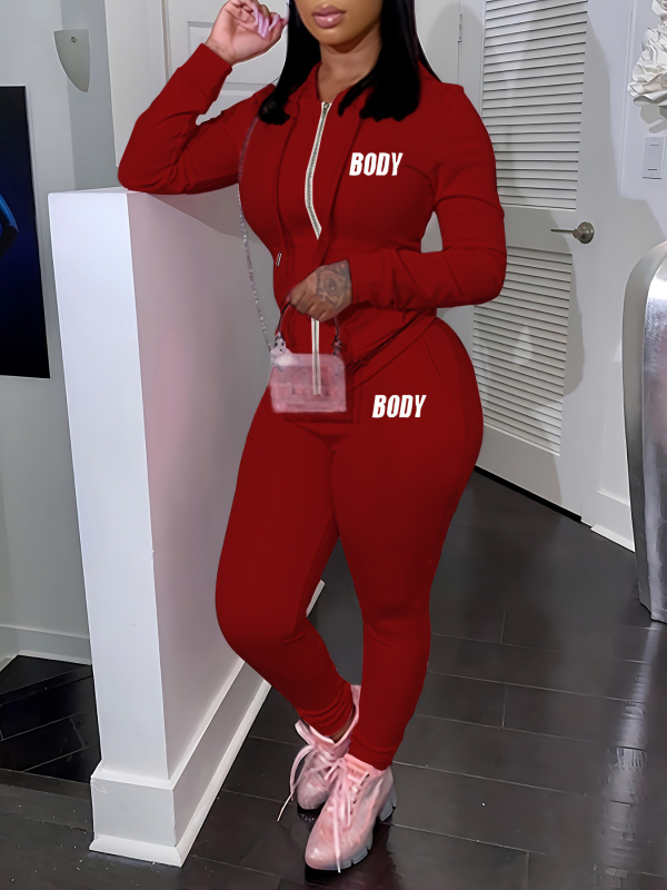 Ženski jesenski set s kapuljačom, dvije komponente, s natpisima – casual sportski stil
