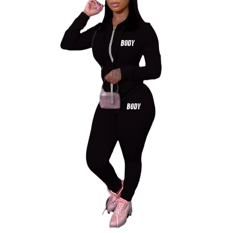 Ženski jesenski set s kapuljačom, dvije komponente, s natpisima – casual sportski stil