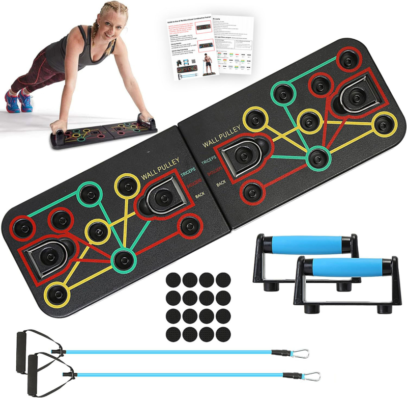 Višenamjenski stalak za sklekove za trening prsiju, trbuha i tricepsa, prijenosna kućna fitness oprema, model 10 funkcija, dimenzije 64,5×19×2 cm