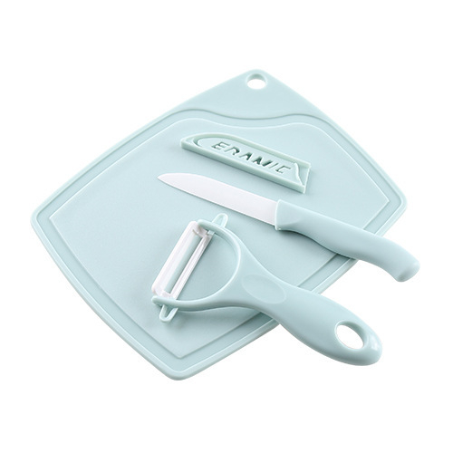 Set de bucătărie din trei piese cu cuțit de fructe ceramic, tocător din plastic mini și curățător de coajă