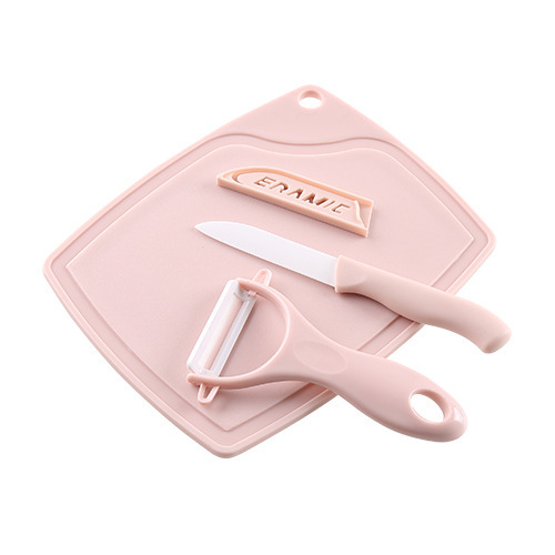 Set de bucătărie din trei piese cu cuțit de fructe ceramic, tocător din plastic mini și curățător de coajă