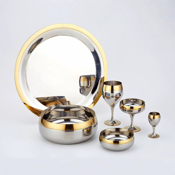 Set de pahare de vin din oțel inoxidabil 304, cu margine auriu, însoțit de farfurii și boluri – pentru bar, cocktail, restaurant și uz casnic