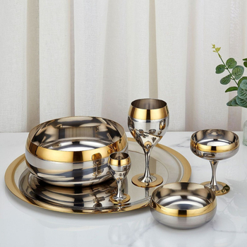 Set de pahare de vin din oțel inoxidabil 304, cu margine auriu, însoțit de farfurii și boluri – pentru bar, cocktail, restaurant și uz casnic