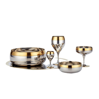 Set de pahare de vin din oțel inoxidabil 304, cu margine auriu, însoțit de farfurii și boluri – pentru bar, cocktail, restaurant și uz casnic