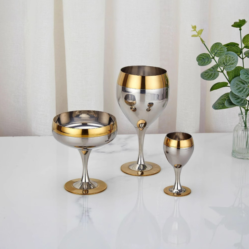 Set de pahare de vin din oțel inoxidabil 304, cu margine auriu, însoțit de farfurii și boluri – pentru bar, cocktail, restaurant și uz casnic
