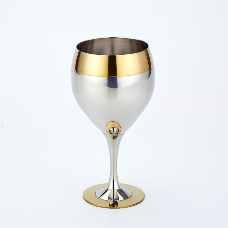 Set de pahare de vin din oțel inoxidabil 304, cu margine auriu, însoțit de farfurii și boluri – pentru bar, cocktail, restaurant și uz casnic