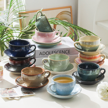 Set de cești de cafea din ceramică cu farfurioară, finisaj ars în cuptor, stil retro