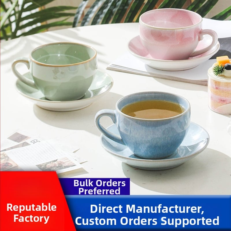 Set de cești de cafea din ceramică cu farfurioară, finisaj ars în cuptor, stil retro