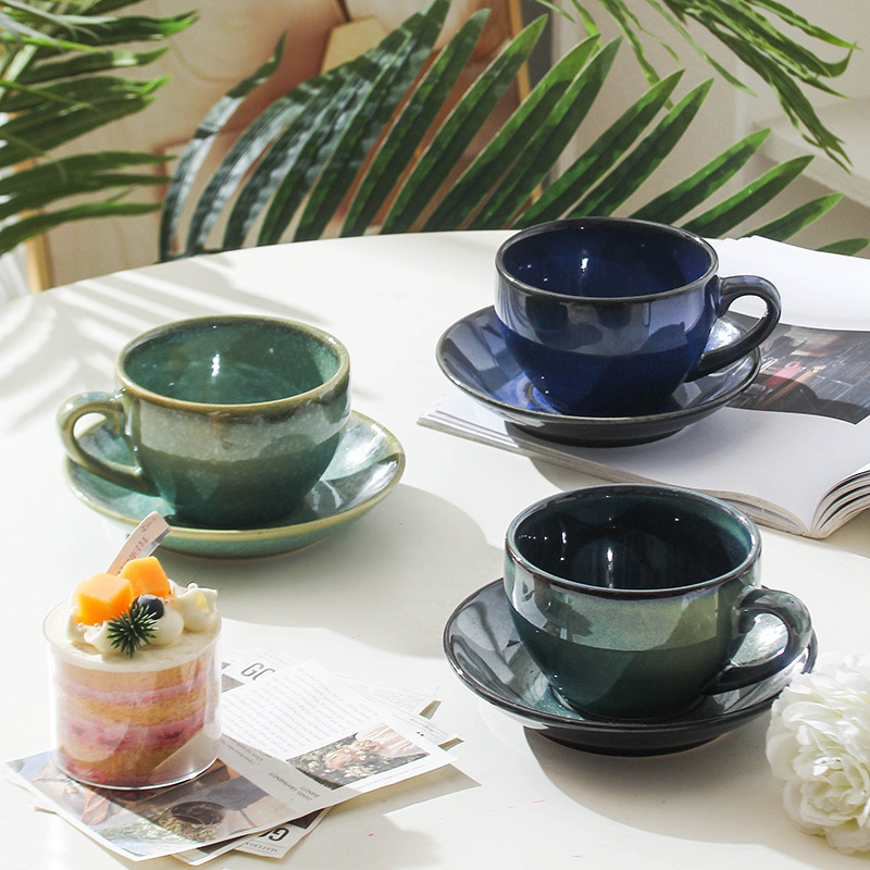 Set de cești de cafea din ceramică cu farfurioară, finisaj ars în cuptor, stil retro