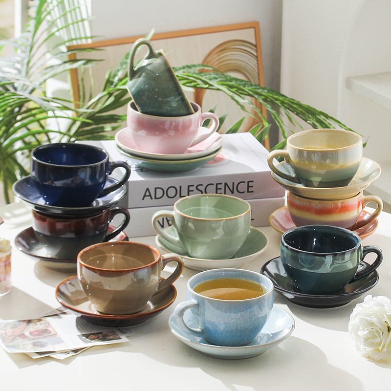 Set de cești de cafea din ceramică cu farfurioară, finisaj ars în cuptor, stil retro