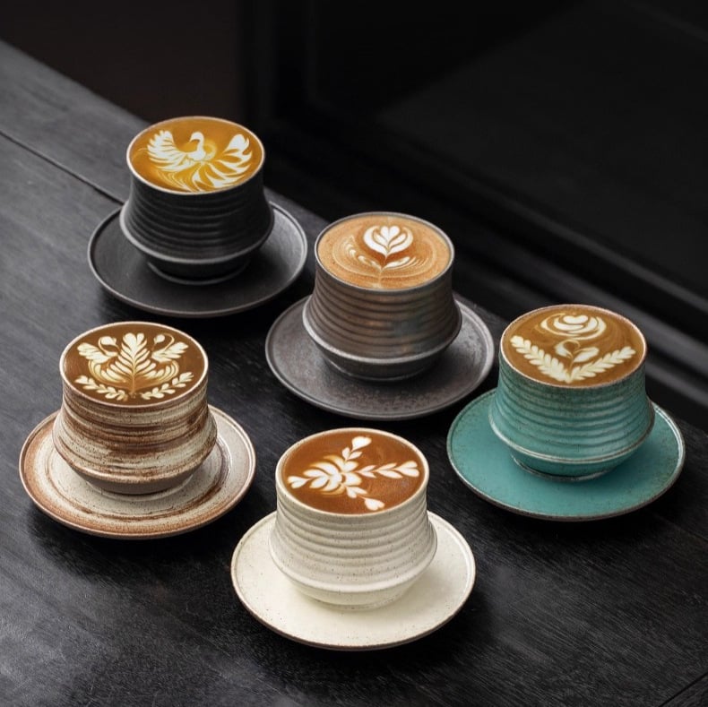 Set de cești de cafea din ceramică cu farfurioare, stil retro, cană pictată manual