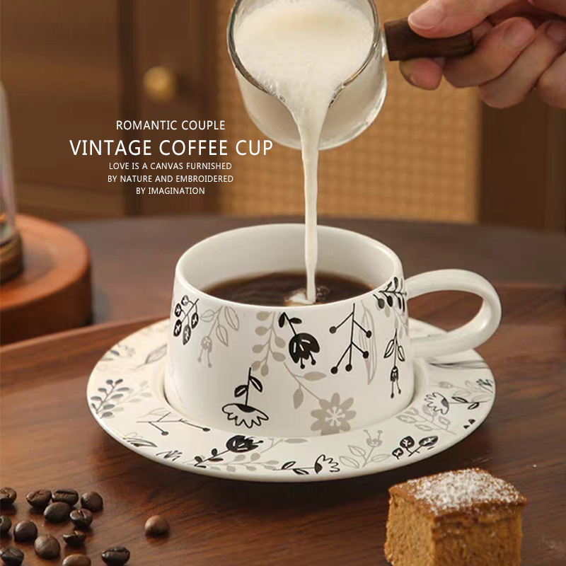 Set de cafea cu cești și farfurie cu model floral, în stil nordic, ceramică ușoară, farfurie de desert pentru ceaiul de după-amiază
