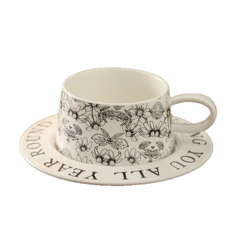 Set de cafea cu cești și farfurie cu model floral, în stil nordic, ceramică ușoară, farfurie de desert pentru ceaiul de după-amiază