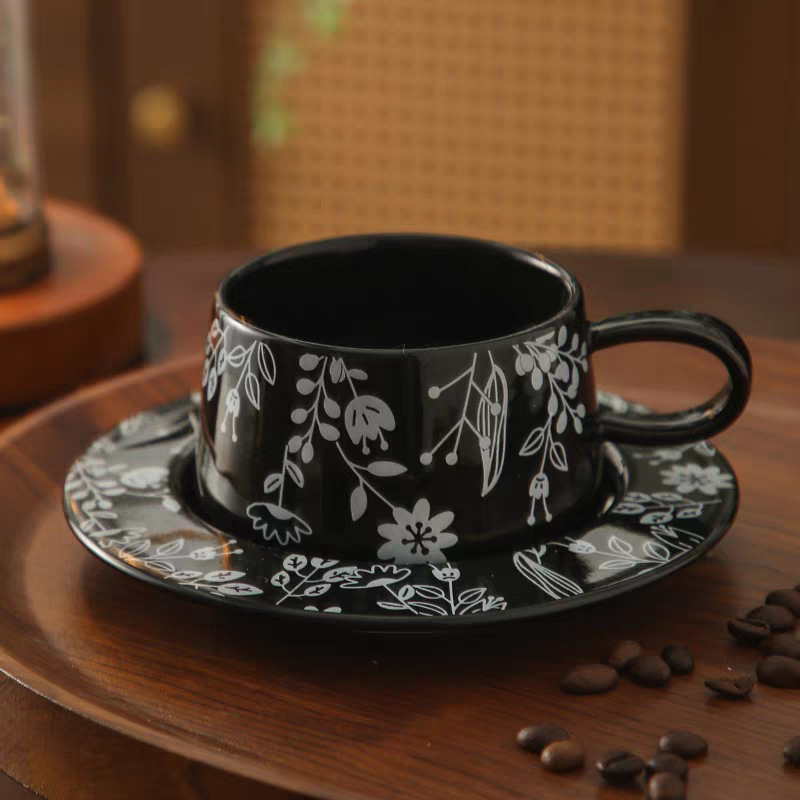 Set de cafea cu cești și farfurie cu model floral, în stil nordic, ceramică ușoară, farfurie de desert pentru ceaiul de după-amiază