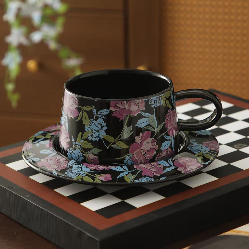 Set de cafea cu cești și farfurie cu model floral, în stil nordic, ceramică ușoară, farfurie de desert pentru ceaiul de după-amiază