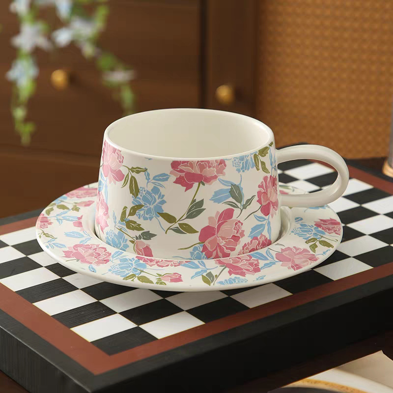 Set de cafea cu cești și farfurie cu model floral, în stil nordic, ceramică ușoară, farfurie de desert pentru ceaiul de după-amiază