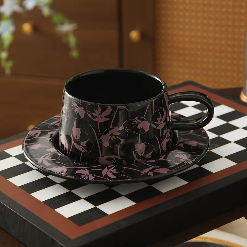 Set de cafea cu cești și farfurie cu model floral, în stil nordic, ceramică ușoară, farfurie de desert pentru ceaiul de după-amiază