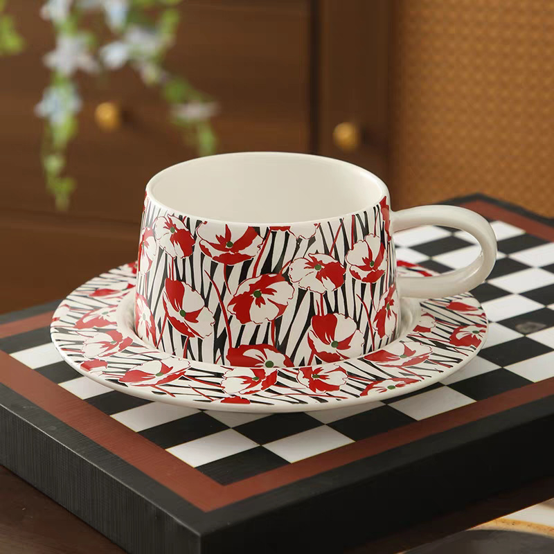 Set de cafea cu cești și farfurie cu model floral, în stil nordic, ceramică ușoară, farfurie de desert pentru ceaiul de după-amiază