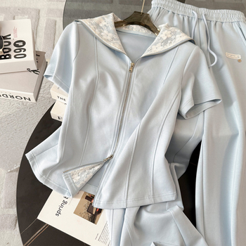 Ženski ljetni casual sportski set — stilski sweatshirt s visokim strukom i širokim hlačama, dvodijelni set