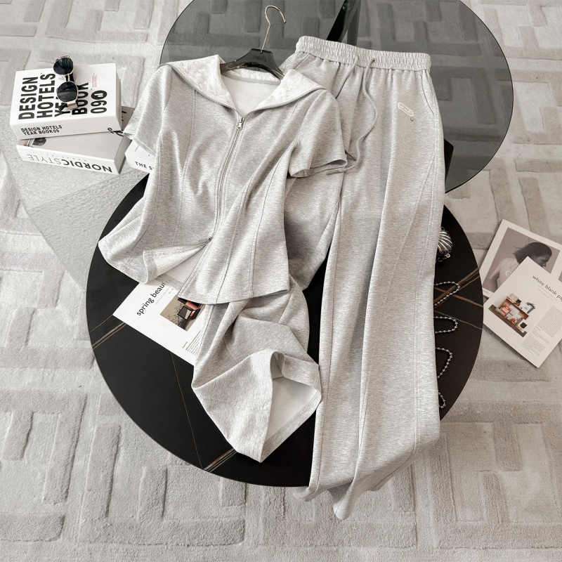 Ženski ljetni casual sportski set — stilski sweatshirt s visokim strukom i širokim hlačama, dvodijelni set