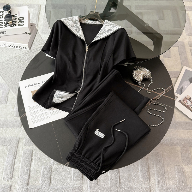 Ženski ljetni casual sportski set — stilski sweatshirt s visokim strukom i širokim hlačama, dvodijelni set