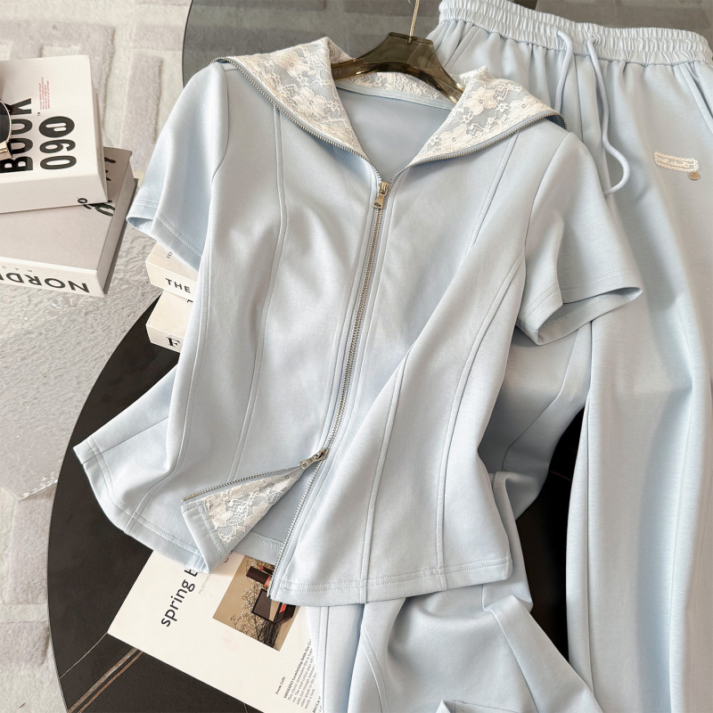 Ženski ljetni casual sportski set — stilski sweatshirt s visokim strukom i širokim hlačama, dvodijelni set