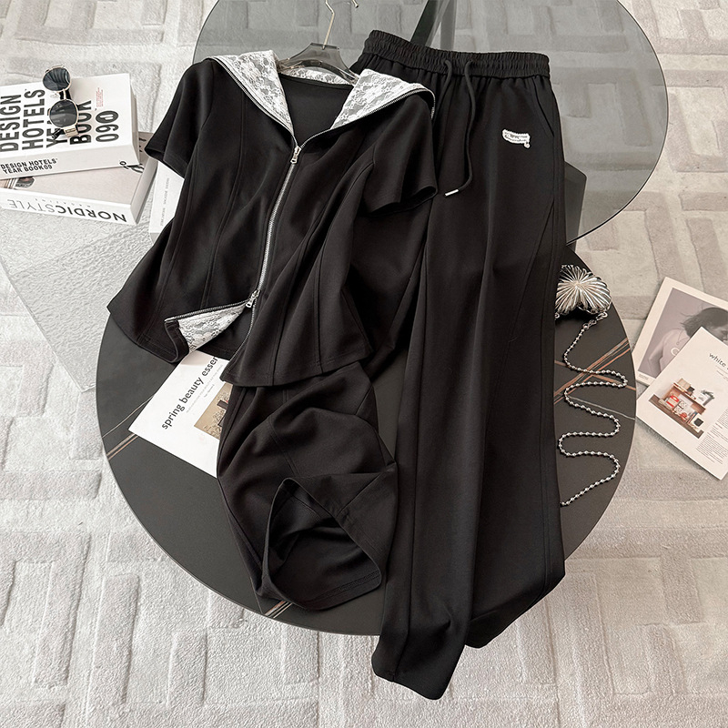 Ženski ljetni casual sportski set — stilski sweatshirt s visokim strukom i širokim hlačama, dvodijelni set