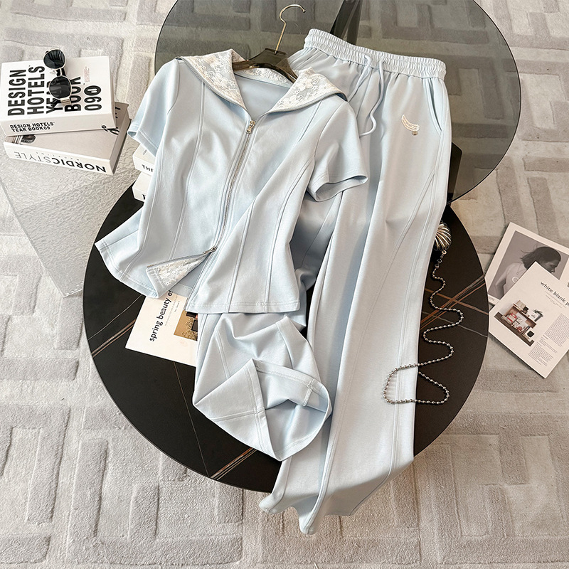 Ženski ljetni casual sportski set — stilski sweatshirt s visokim strukom i širokim hlačama, dvodijelni set